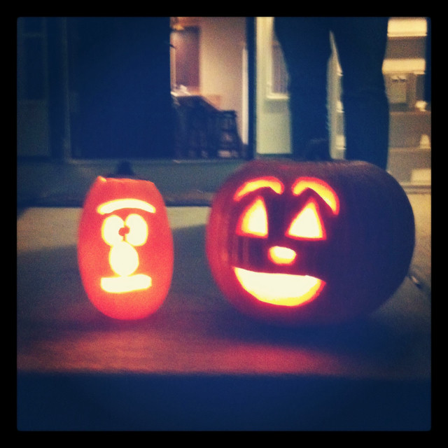 A jack-o-lantern with Bert from Sesame Street carved into it.