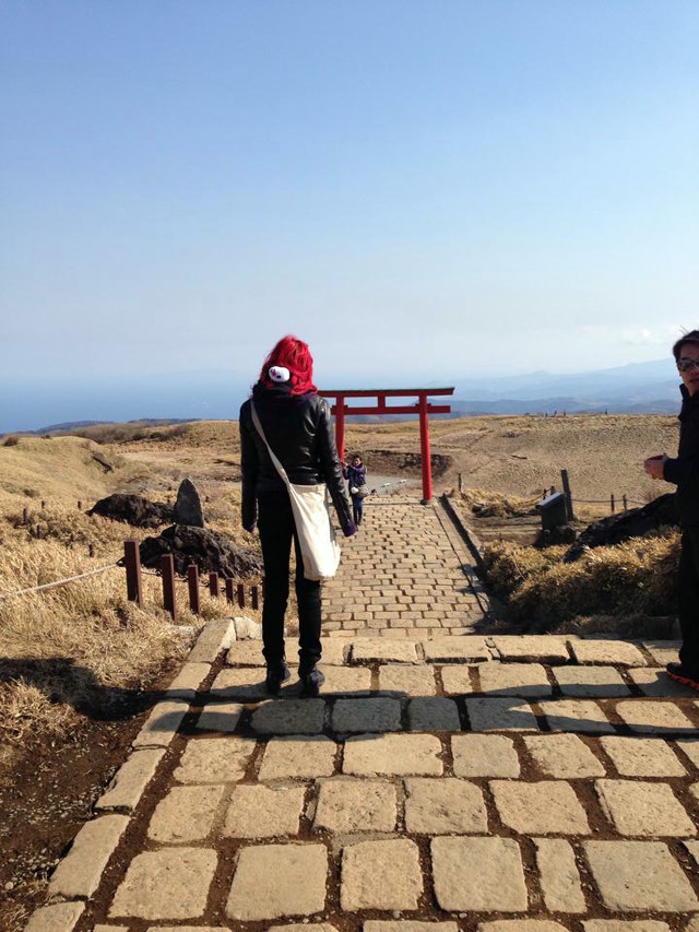 A pink haired woman stands on a mountain pathway. The pathway is made of bricks.