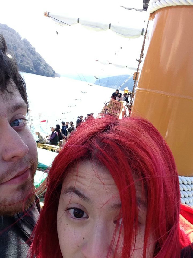 A selfie of my girlfriend and I on a pirate ship.