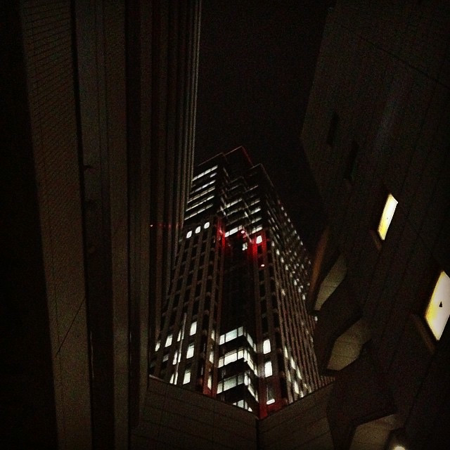 A tall building rising up into the night sky, flanked by smaller buildings.