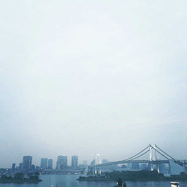 A blue-scale photo with the city skyline in the distance, with the rainbow bridge leading to it.