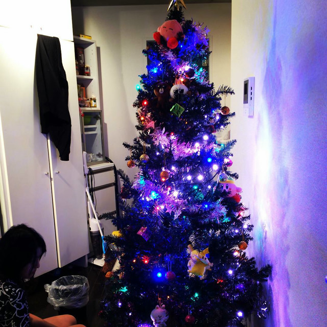 A tiny apartment with a Christmas tree. A woman is working on decorations.