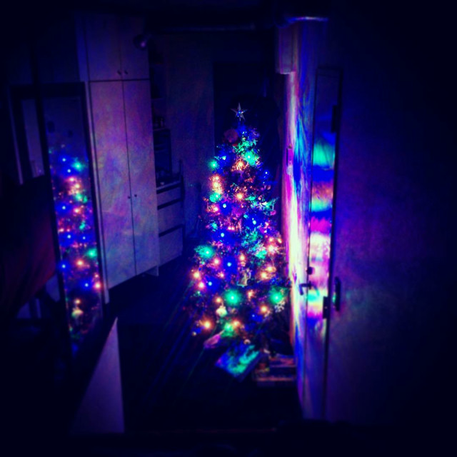 A lit up Christmas tree in a tiny Tokyo apartment.