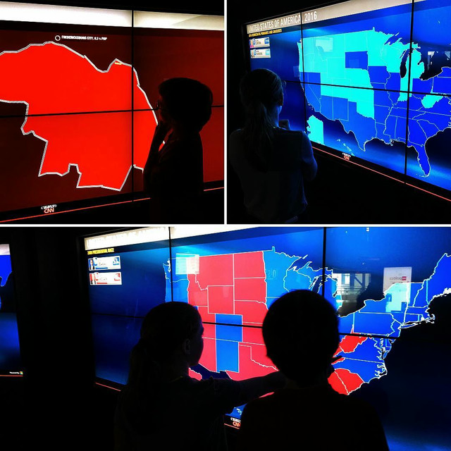 A trio of Newseum shots, mostly shadows with red and blue. Kids pointing at exhibits of Fredericksburg VA.