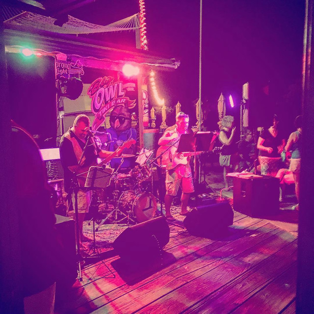 A band at a tiki bar playing.