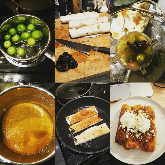 A 6 part image showcasing usage of tomatillos for an enchilada-ish sauce.