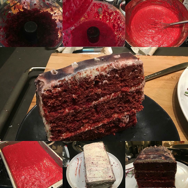 A 7 part image showing the steps to make a beet red velvet cake.