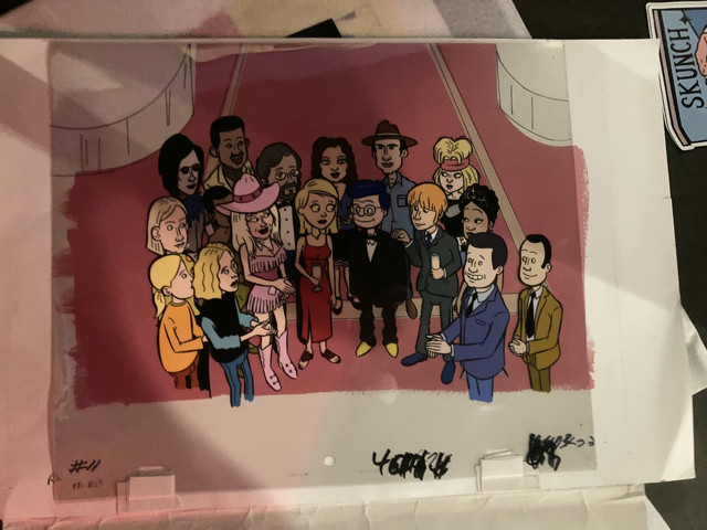 An animation cel from the show Mission Hill. It features a variety of characters on a pink background.