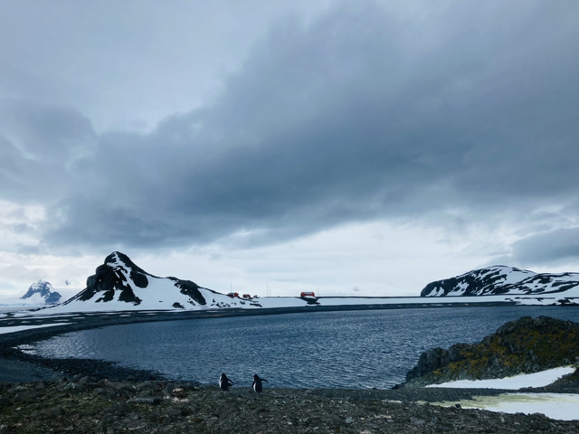 Two penguins walk in front of a lake. A glacier looms in the distance, and an orange research station can be seen on the hillside.