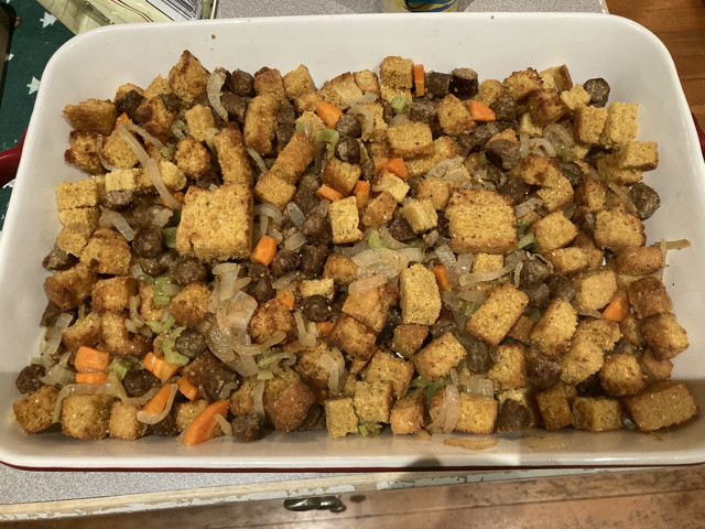 Cornbread stuffing in progress.