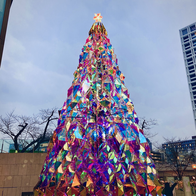 A geodesic Christmas tree made of glass shards. It’s a rainbow of colors, like looking at a kaleidoscope.