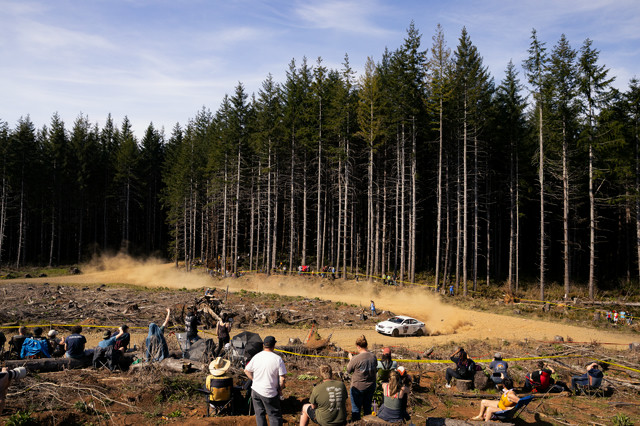 A white Lexus IS250 rally car can be seen racing through a carved out logging road. Spectators and media line the edges; many are taking photos and some are cheering. Tall thin trees line the backdrop. 
