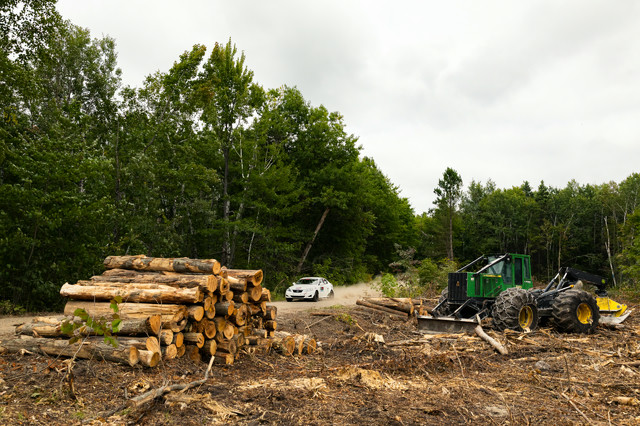 A white Lexus IS250 races through a logging road. Equipment and logs can be seen at the side of the road.
